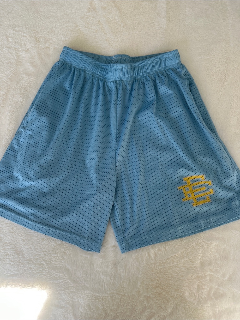 Eric Emanuel Light Blue Mesh Athletic Shorts with Yellow EE Logo
